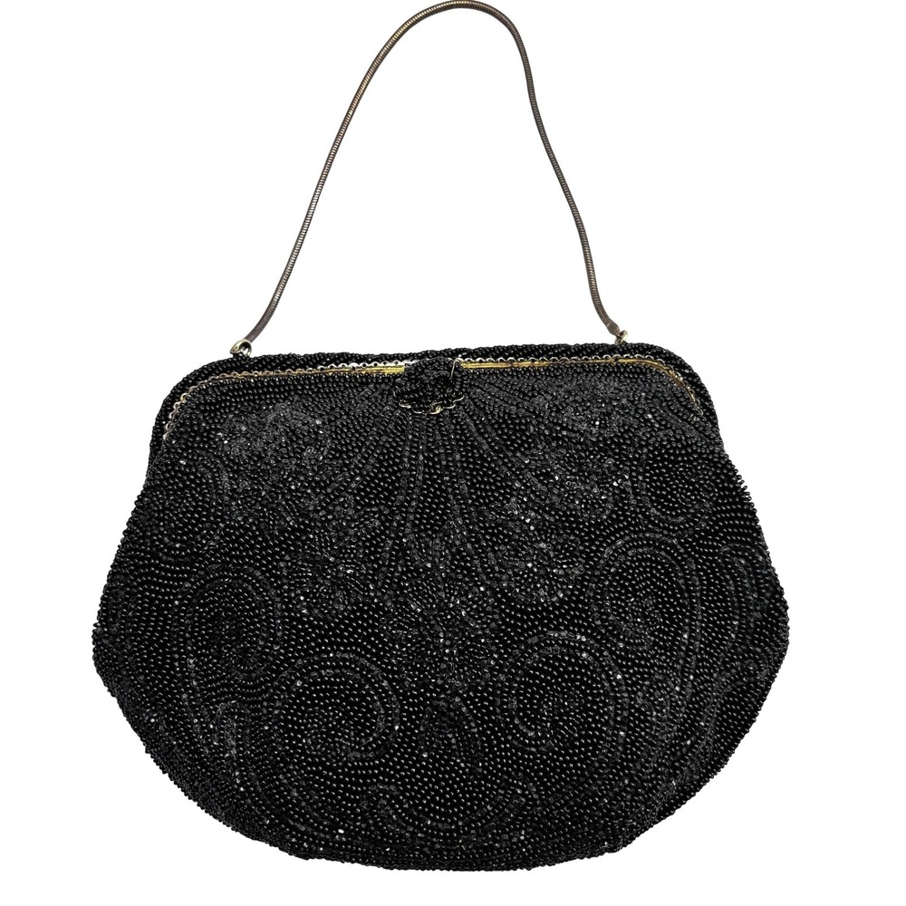 Vintage Chunn Paris Black Beaded Evening Bag Handbag Made in France Gold Frame